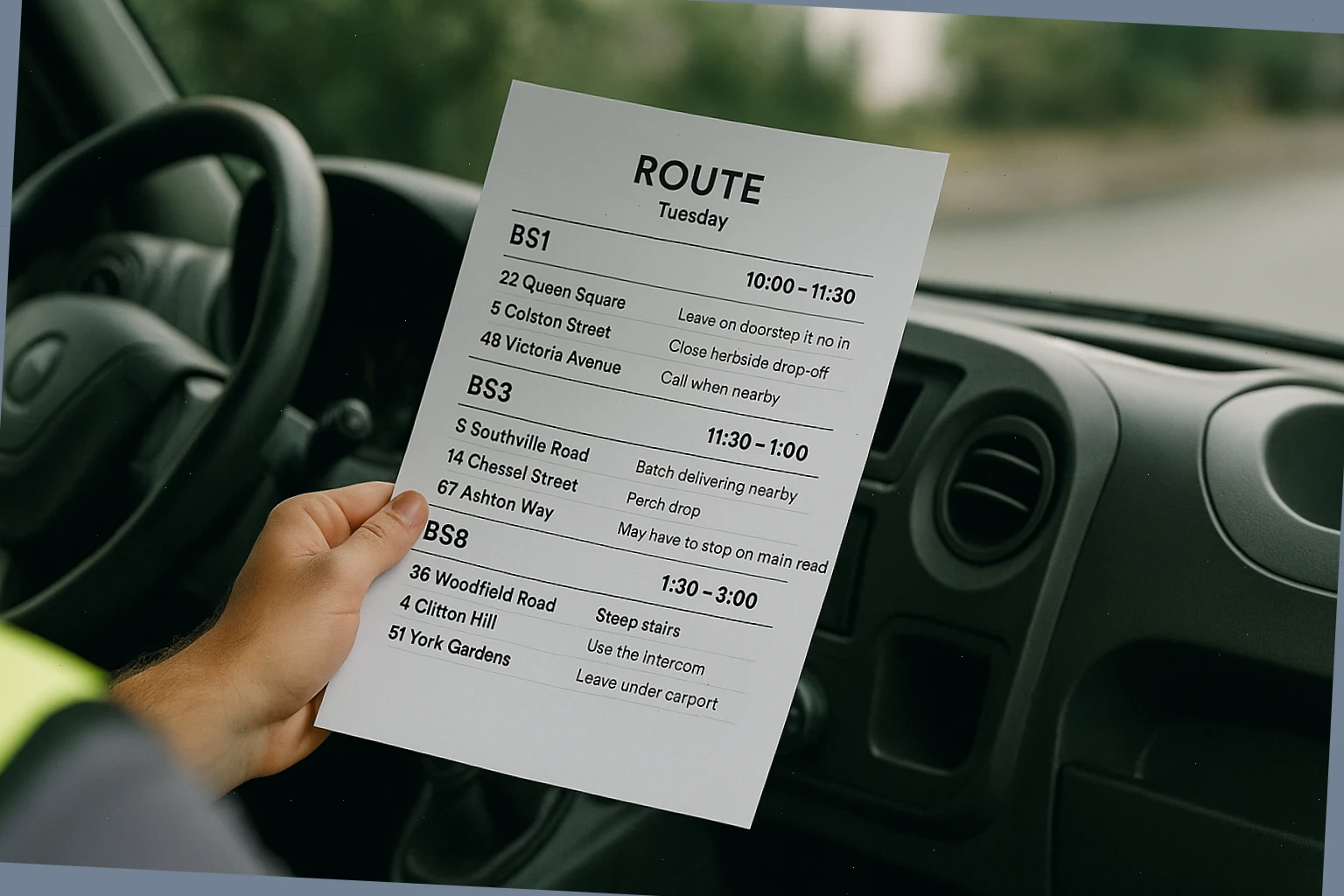 Driver route card with postcode windows and short-drop advice