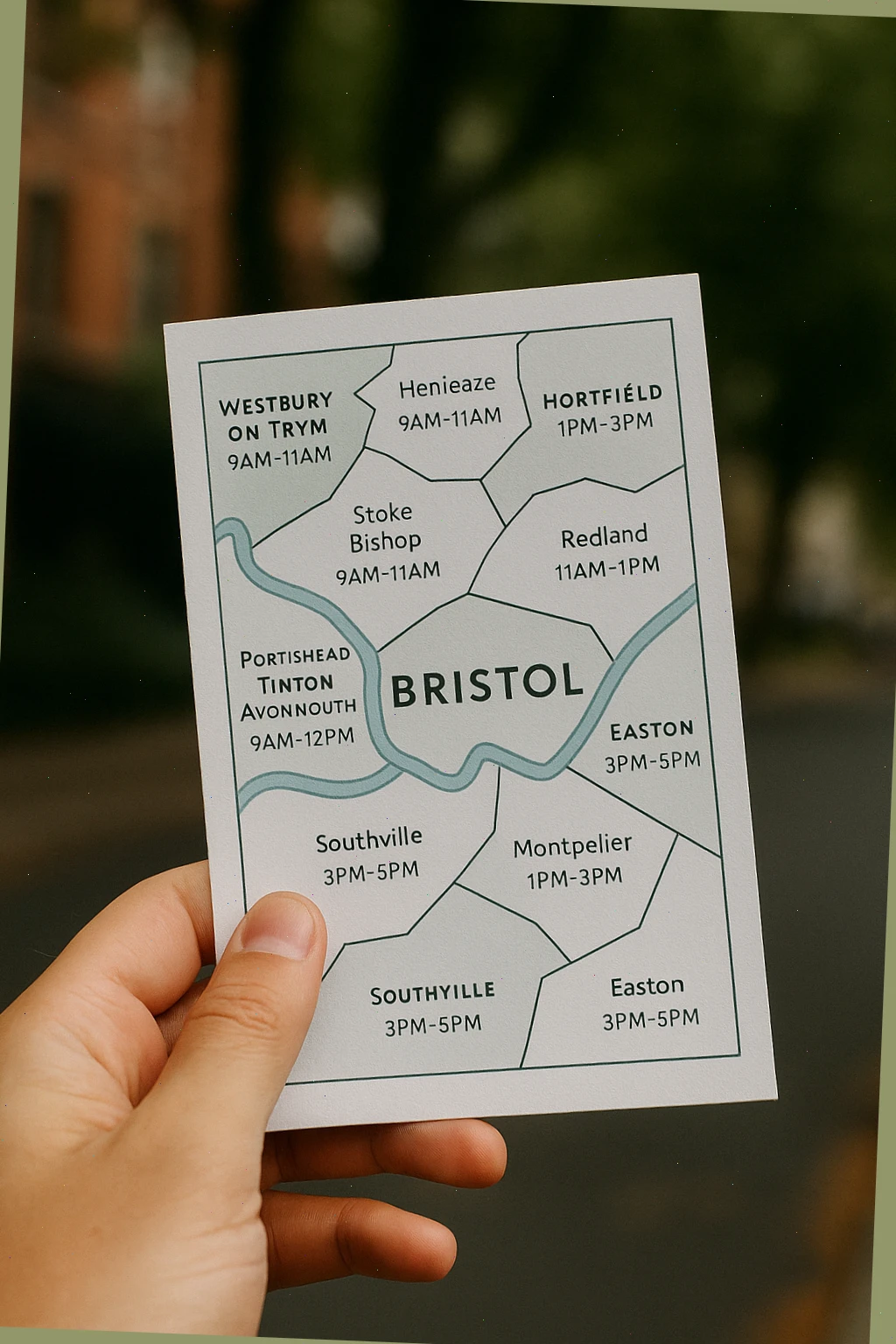 Simple pocket map of Bristol areas with typical delivery slots